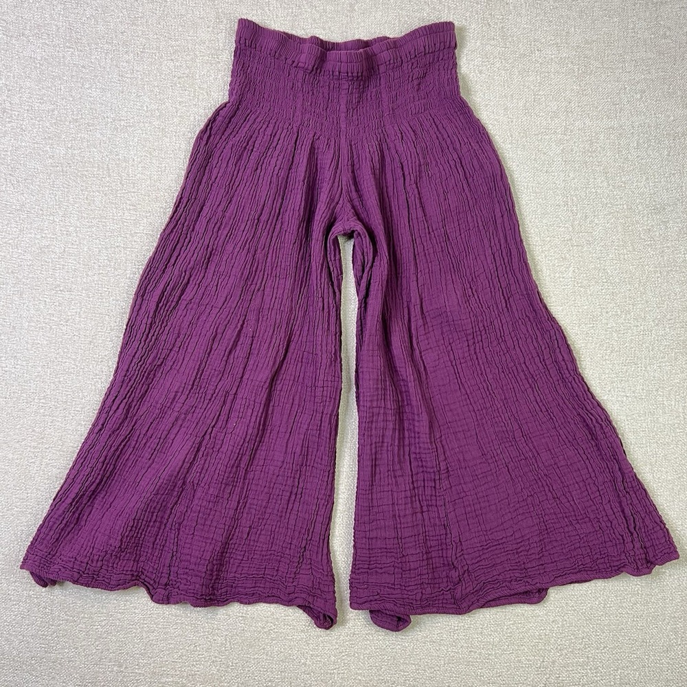 100% Cotton Boho Festival Barrel Gauze Wide Leg Drawstring Pant Purple Size S/M
